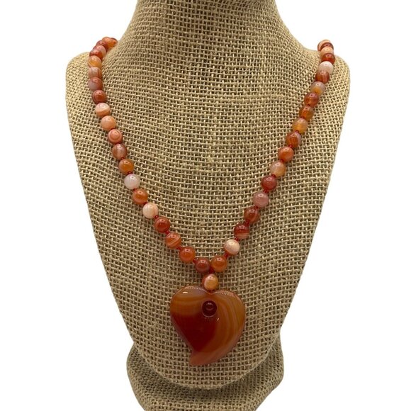 Unbranded Jewelry - New Long Orange Agate Beaded Necklace Heart Pendant Engraving 15"